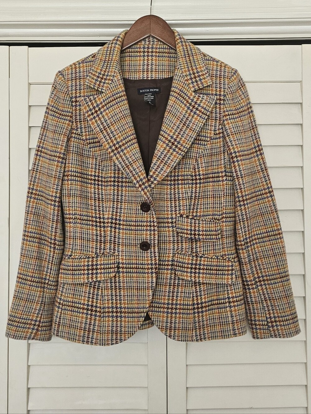 Boston Proper Blazer Size 8 Plaid Wool Blend Button Front Tappered Jacket Lined